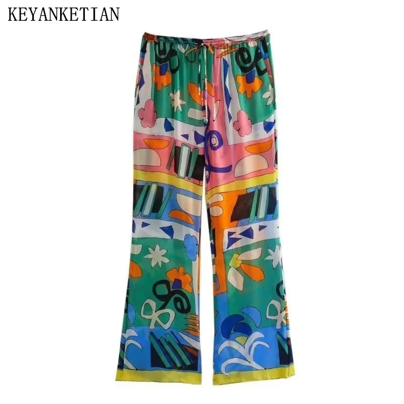 

Осенние новые женские брюки KEYANKETIAN с принтом ручной росписи, свободные прямые брюки на шнуровке с эластичным поясом, женские брюки