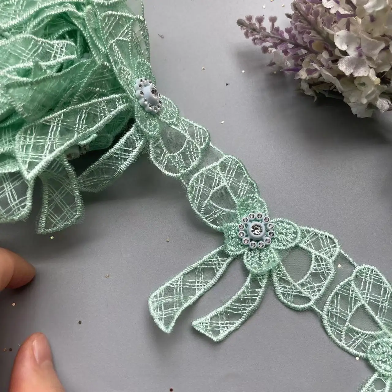 1 ярд Зеленая бабочка цветок растворимая органза кружевная отделка свадебная