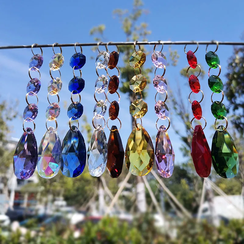 

2pc Crystal Chandelier Prism Tear Drops Pendant with Octagon Bead Multicolor Lighting Accessory Sun Catcher Christmas Tree Decor