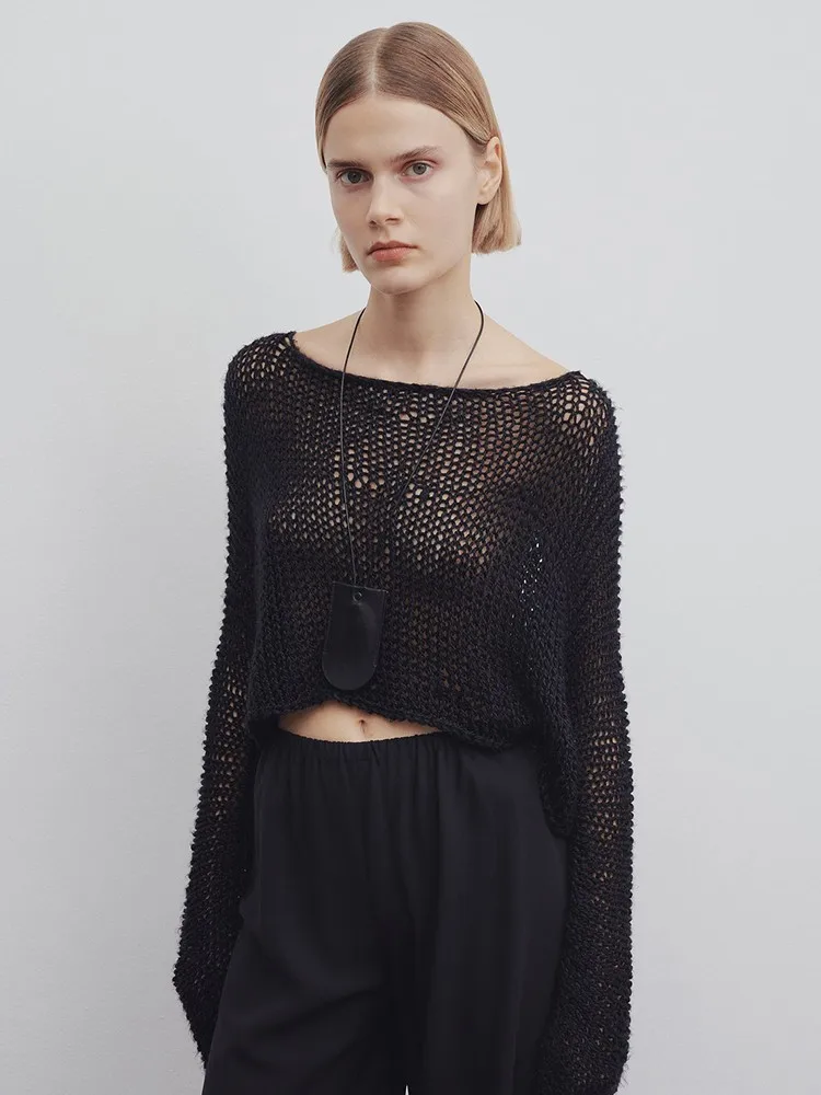 

Сексуальный женский пуловер с вырезами The Row, Новинка осени 2023, повседневный однотонный тонкий свободный длинный тонкий свитер