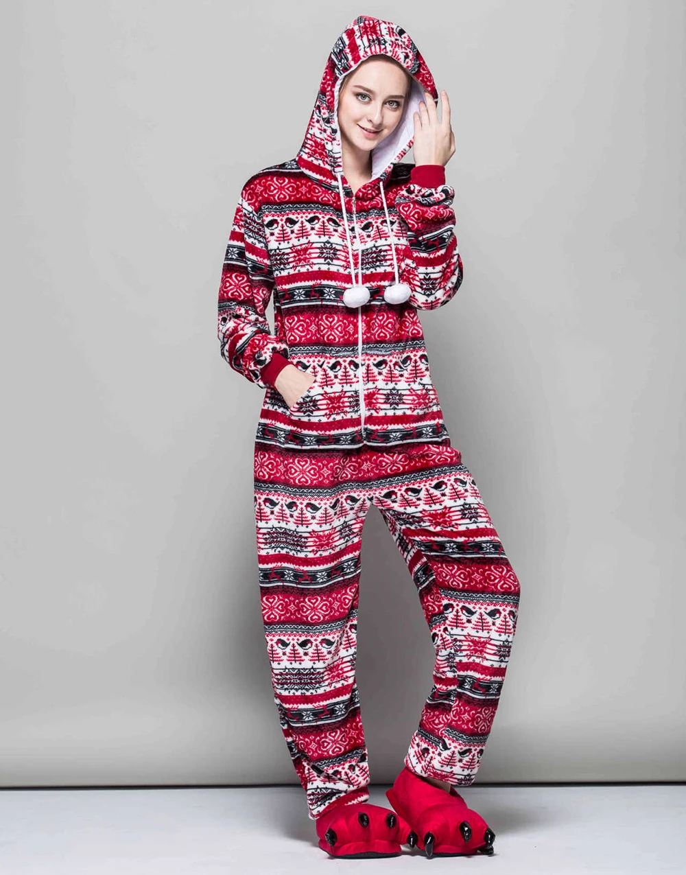 Christmas Jumpsuit Pajamas Set Flannel Women Winter Print Warm Long Sleeve Sleepwear Xmas Hooded Nightwear Fleece Onesie Costume
