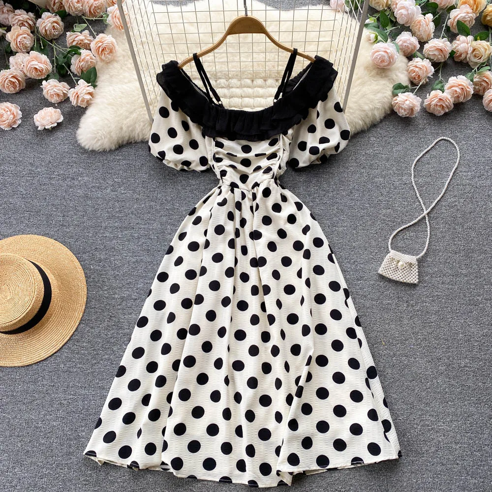 

Женское облегающее платье-трапеция с двойными воланами, новая модная летняя одежда в горошек с воротником-лодочкой и коротким рукавом, одеж...