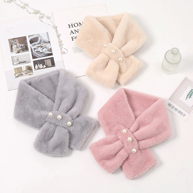 

Women Pearl Solid Color Winter Thicken White Cross Warm Soft Scarf Cute Girl Faux Rabbit Fur Collar Neck Guard Plush Scarve
