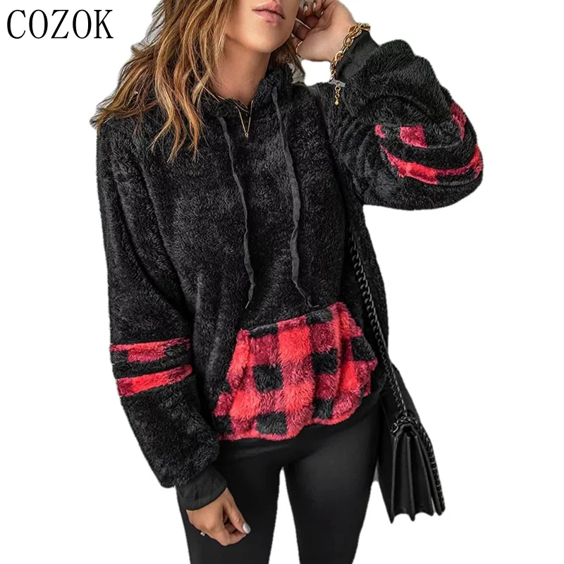 

New 2022 Autumn and Winter European and American Fur Sweater Hooded Women's Plaid Sweater