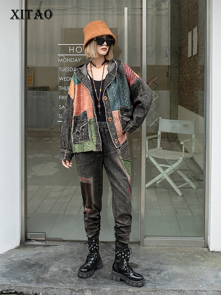 

XITAO трикотажная комбинированная джинсовая куртка, модная винтажная свободная контрастная цветная женская уличная трендовая универсальная куртка с капюшоном и воротником ZY7826