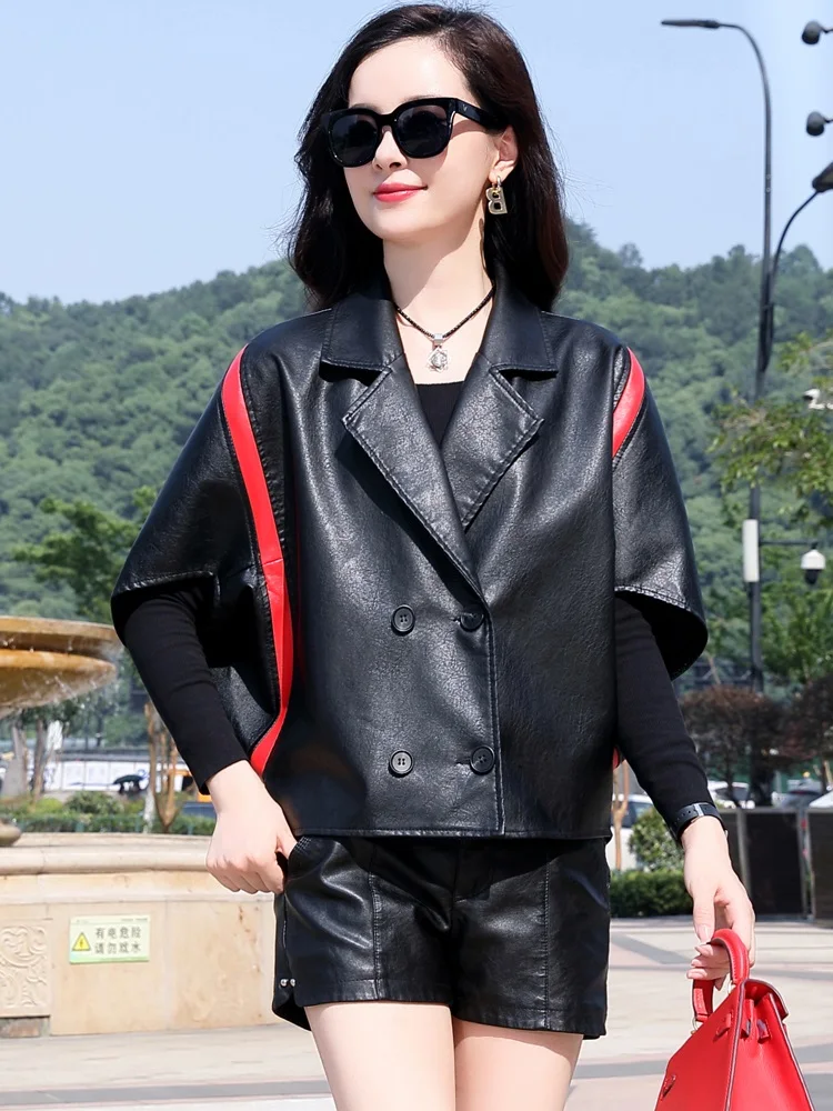 Spring Autumn Lapel Splicing Leather Jacket 2022 New Chic Women Batwing Sleeve Soft Short Sheepskin Coat Casual Loose Outerwear