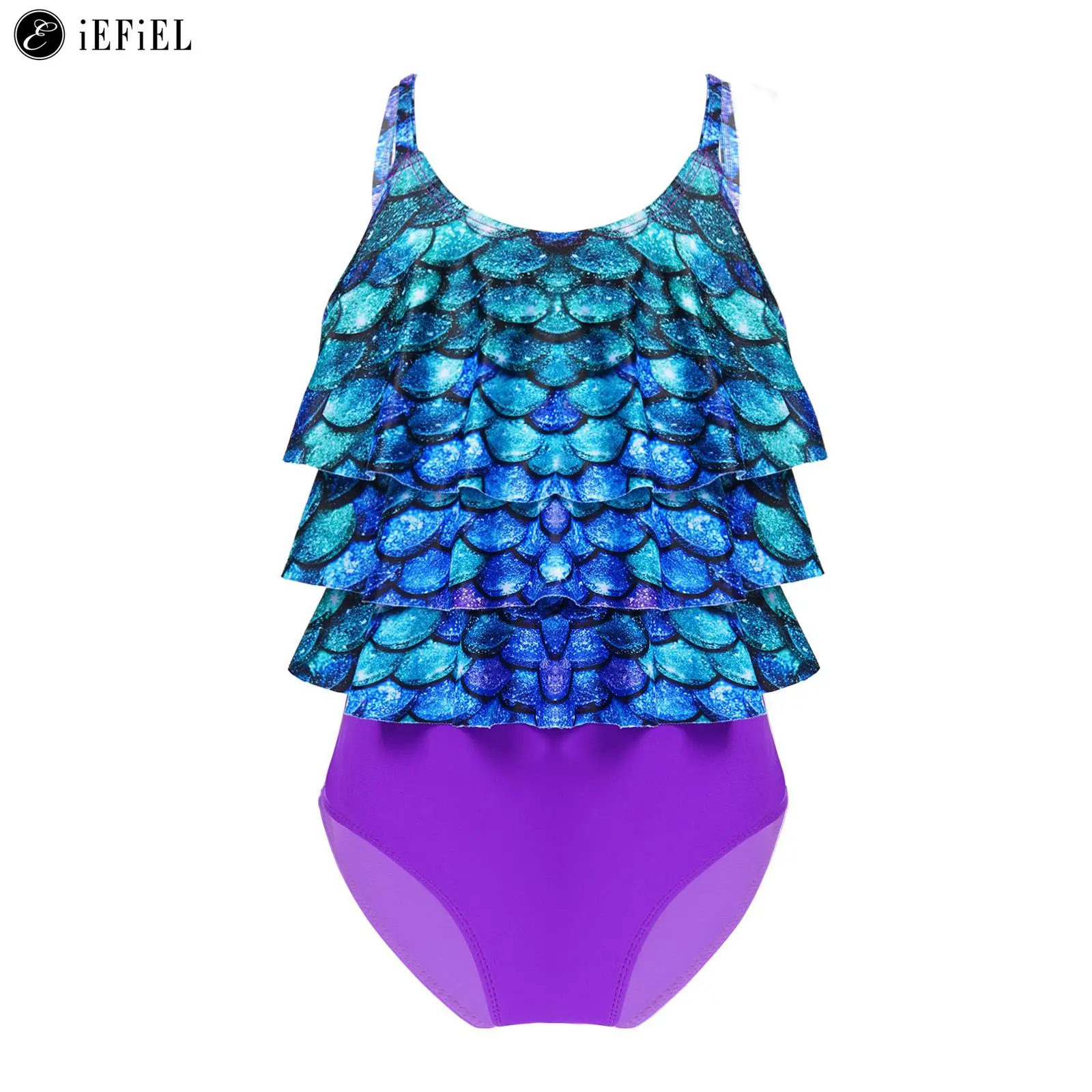 

Детский слитный купальник с принтом русалки и рыбьей чешуи для девочек, бикини с оборками и оборками, купальный костюм, летняя пляжная одежда