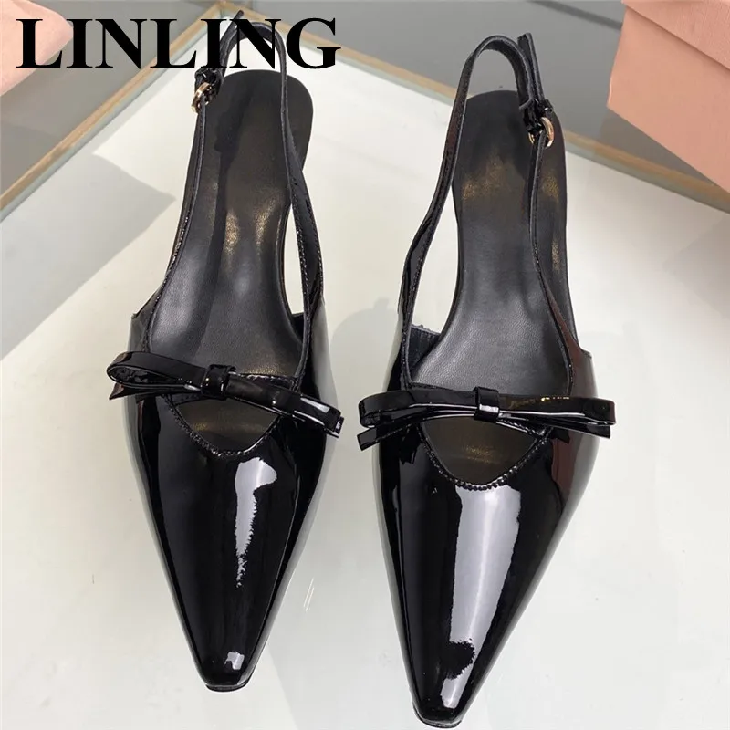 

Женские дизайнерские босоножки с ремешком на пятке, туфли-лодочки из лакированной кожи с острым носком, без застежки, на высоком каблуке, летние праздничные сандалии, новинка 2023