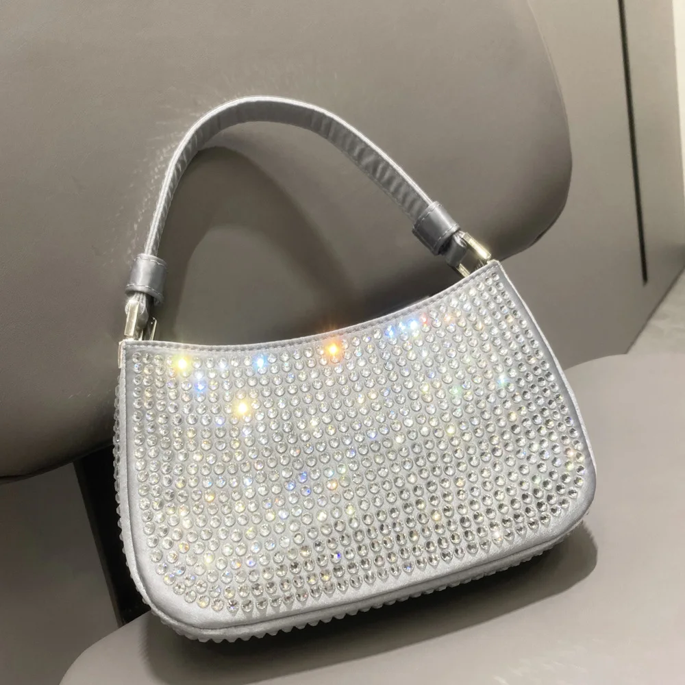 Women Rhinestone Handbag Silver Chain Underarm Bag Party Gifts To Friends Casual Fashion Square Bag Girls Purses and Handbags