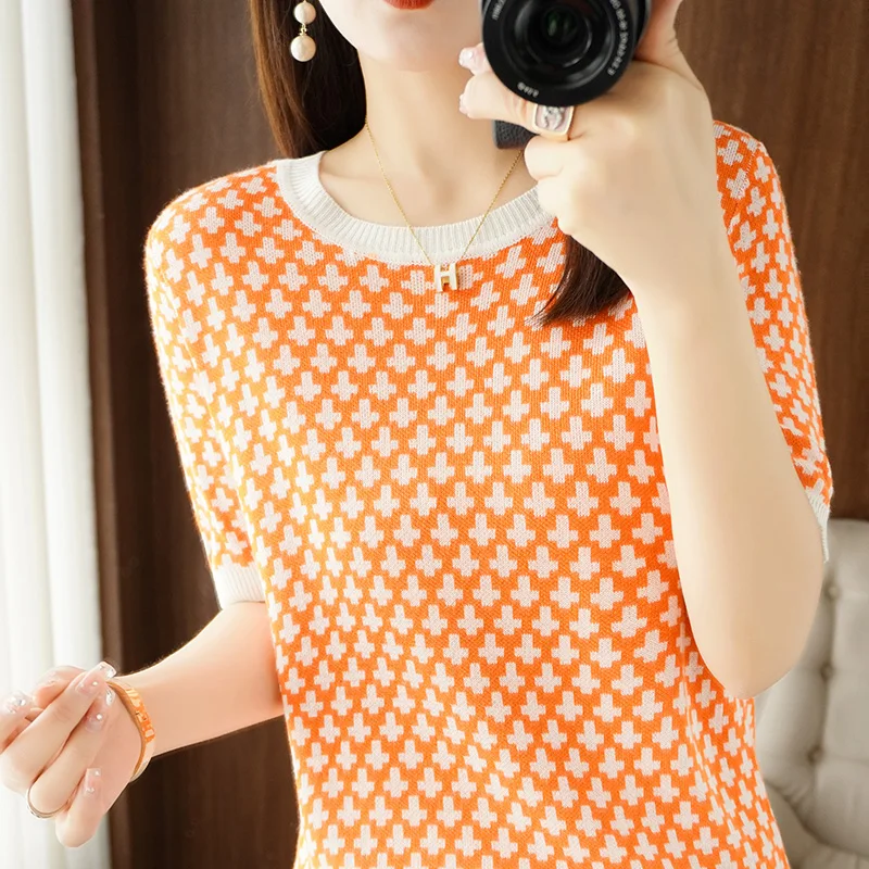 

Summer 100% Cotton T-Shirt Ladies Round Neck Pullover Short Sleeve Casual Knit Bottoming Vest Knitted Jacquard Short-Sleeved