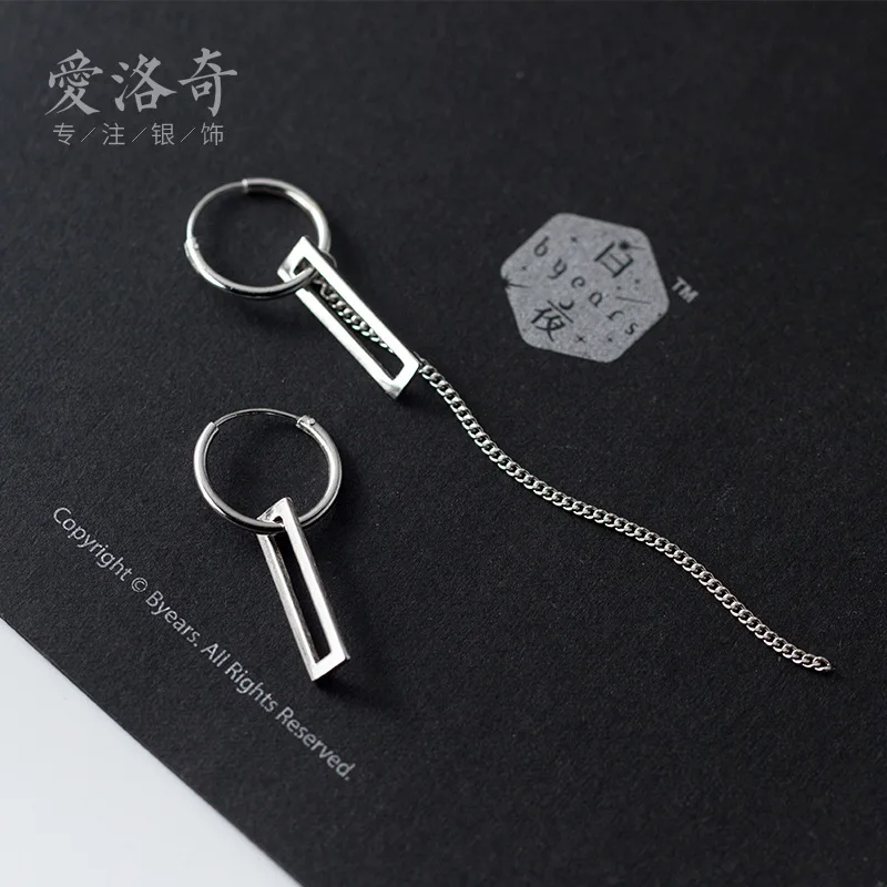 

925Silver Korean Style New Fashion Asymmetric Chain Ear Clip Fashion Personality Square Earrings