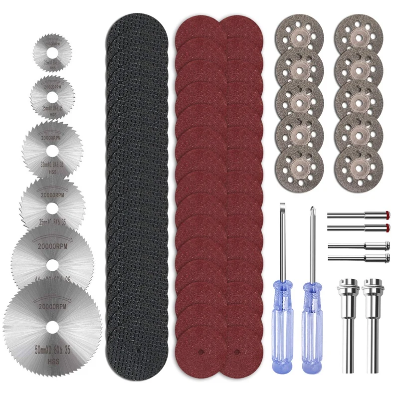 

Cutting Wheel Set, 74 Pcs HSS Circular Saw Blades Diamond Cutting Wheels 10Pcs, Cutting Discs 50 Pcs, 1/8 Inch Mandrel