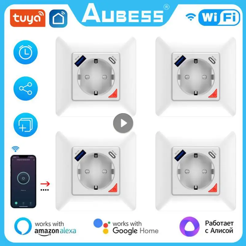 

AUBESS Tuya Wall Type C Power Outlet 16W Intelligent Compatible With Usb Ports Quick Charge EU Standard USB Charging Socket