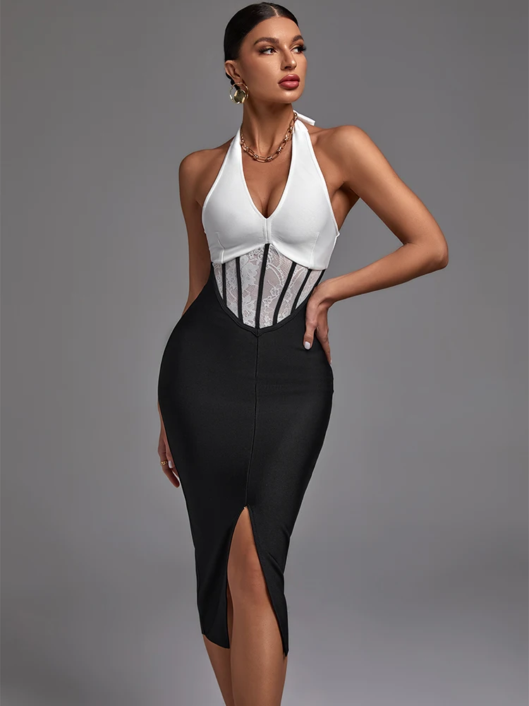 

Lace Bandage Dress 2022 New Women's Black Bodycon Dress Elegant Sexy Midi Backless Evening Club Party Dress High Quality Summer