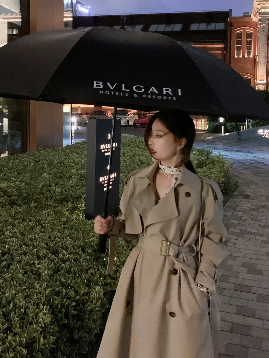 

2023 Spring British Coat Women's Khaki Windbreaker Women's Mid length Knee Wrap Waist Casual Coat