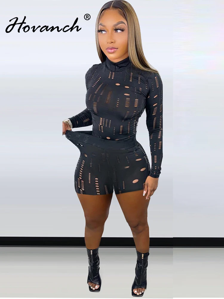 

Hovanch Black Hollow Out Elastic Long Sleeve T-Shirt Shorts Two-Piece Wwork Clothes 2022 Summer Leisure Sports Style