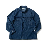 chinese style button element cityboy loose silhouette washed indigo long sleeve shirt coat mens denim casual jacket outerwear