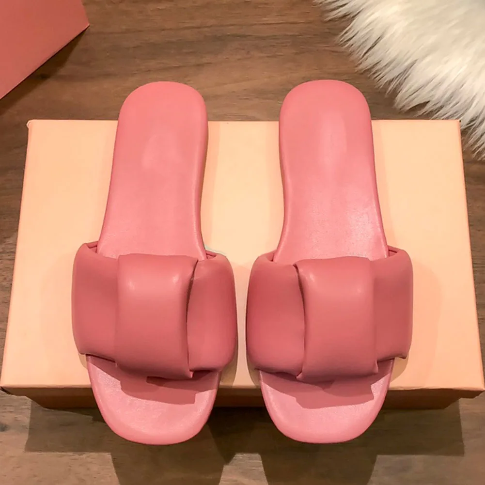 2023 Brand New Women Casual Top Quality Open Toe Padded Leather Slides Leisure Flat Comfort Sole Comfy Shoes Slippers Sandal