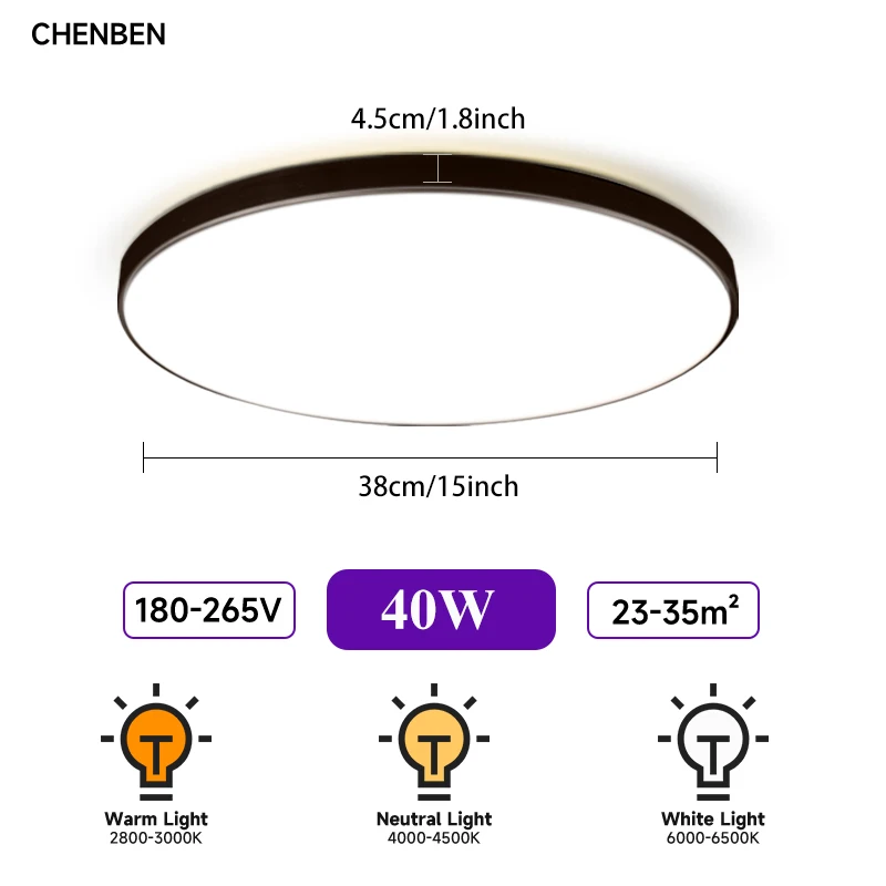 

CHENBEN Светодиодный потолочный светильник 18/30/40Вт белый/черный теплый/белый/нейтральный свет 220В