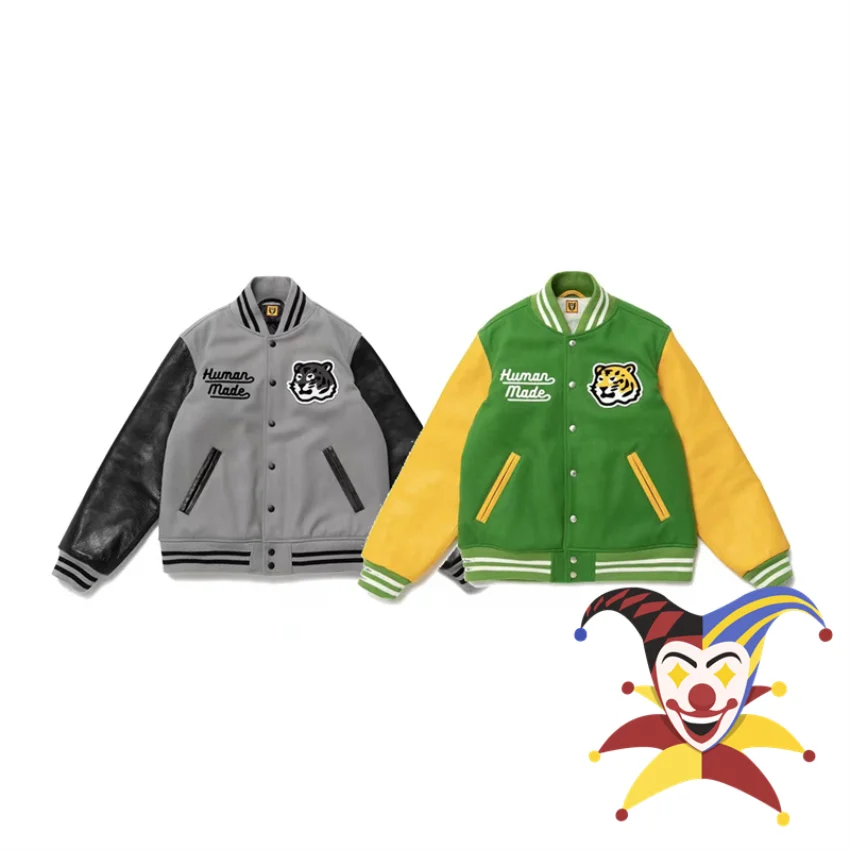 

2023fw Embroidery Tiger HUMAN MADE Baseball Jackets Men Women 1:1 Best Quality Leather Sleeve Bomb Jacket Coat
