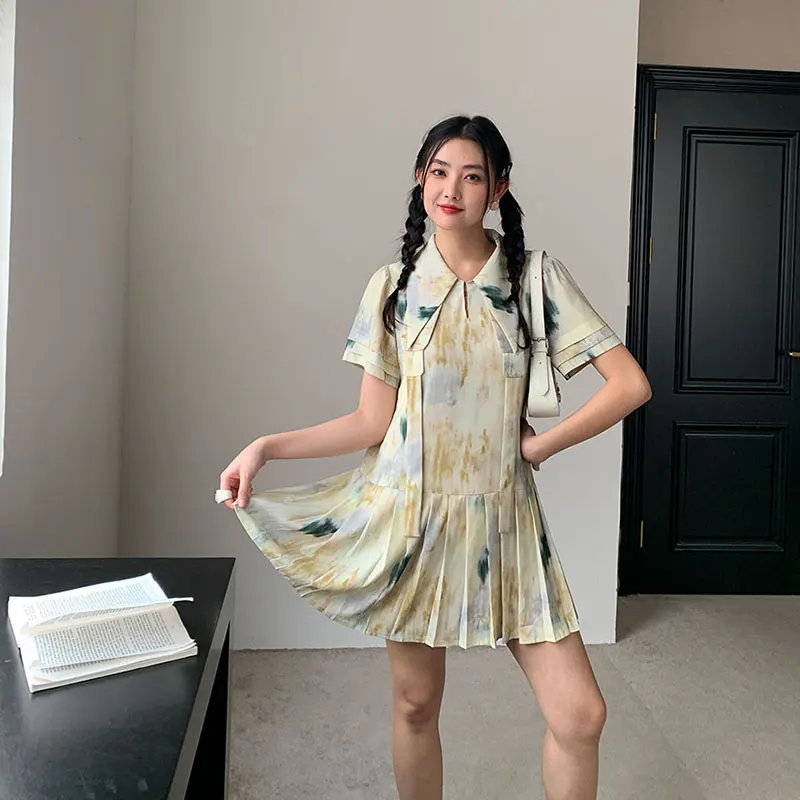 

Women's Pointed Collar Short Sleeved Halo Dyed Dress Summer New College Style Young Girl Female Patchwork Pleated Short Skirt