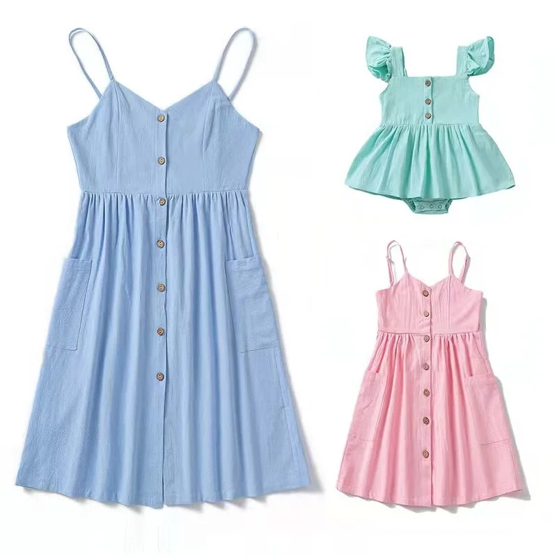 

Tank Mommy and Me Clothes Family Look Big Pocket Mother Daughter Mom Baby Matching Dresses Fashion Woman Girls Cotton Dress 2022
