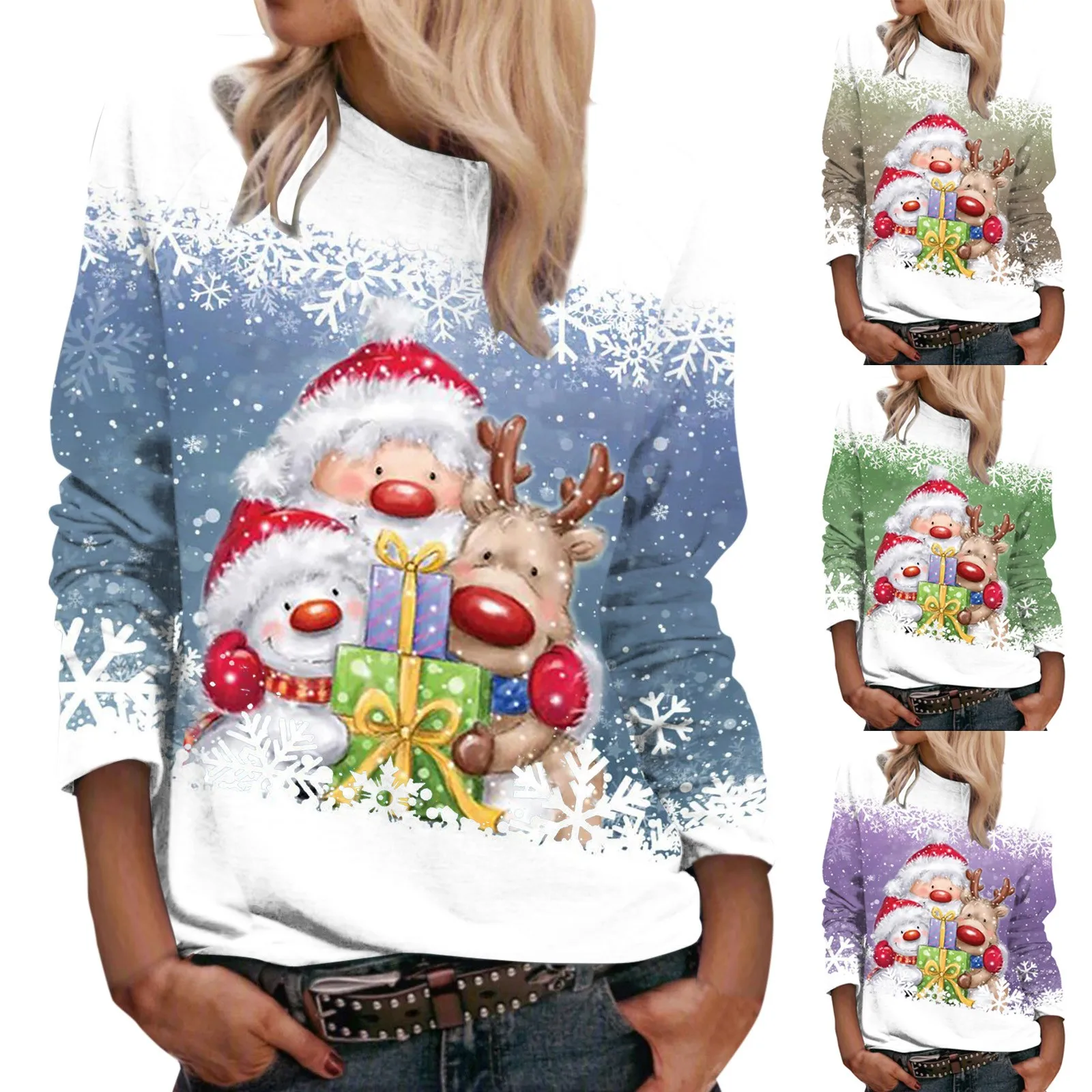 

Women's Long Sleeves Winter Hoodless Sweatershirt Round Neck Top Christmas Print Color Blouse