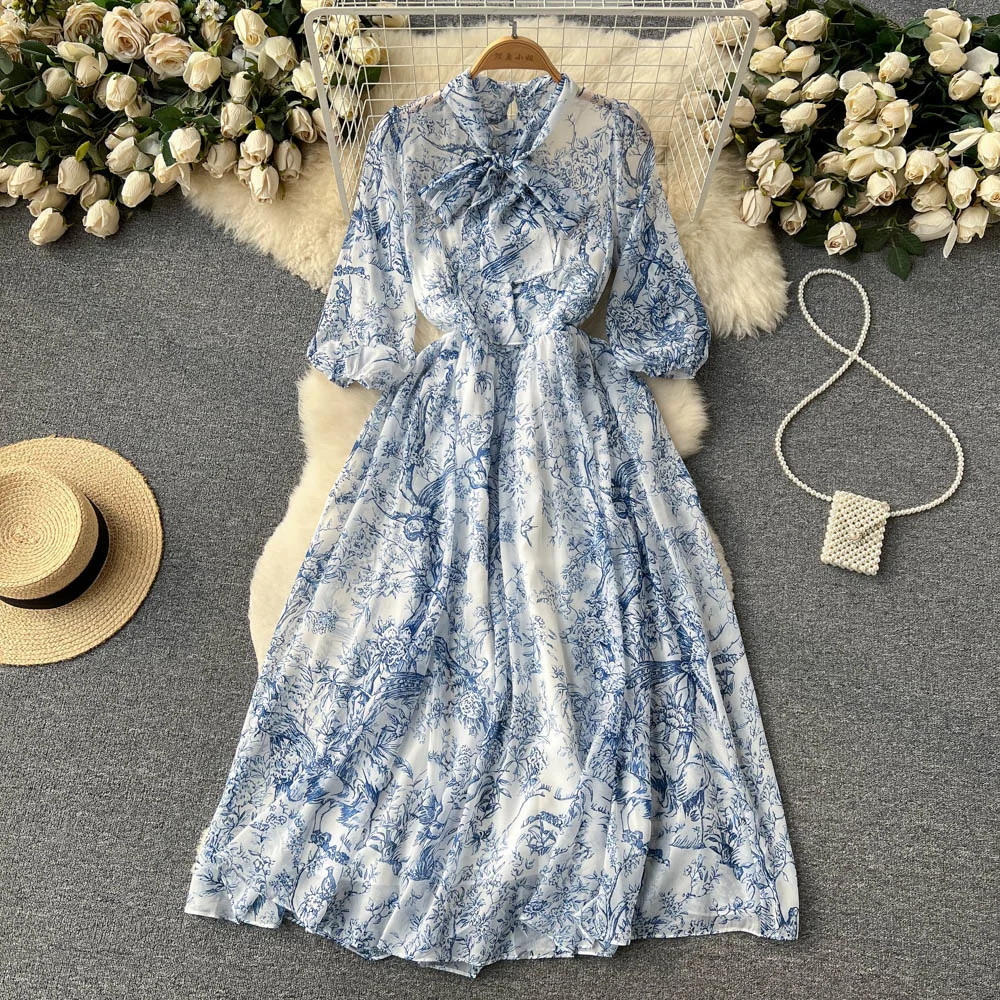 

Женское шифоновое платье средней длины, длинное платье с кружевным бантом и коротким рукавом, с цветочным принтом, лето-осень 2023