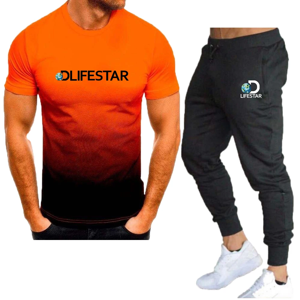 Men's T-Shirt Tracksuit Two Pieces Sets 2023 New Men Casual Fitness Sport Suit Short Sleeve T Shirt+Trousers Sportswear Sets