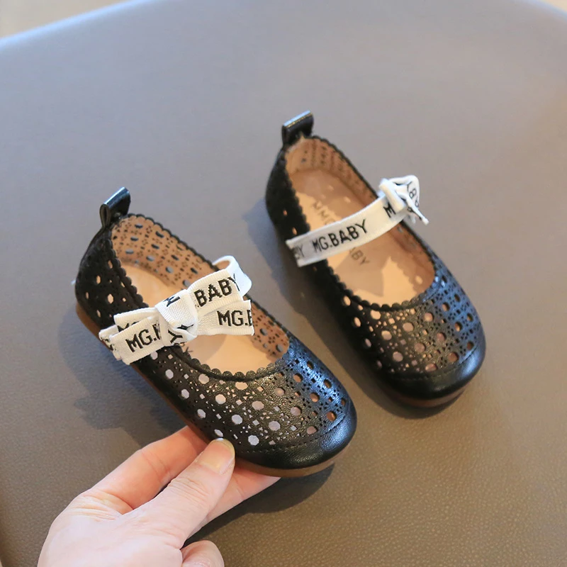 Летние дышащие детские туфли на плоской подошве для девочек с узлом-бабочкой и