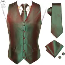 Oi tie coletes de seda dos homens verde vermelho sólido jacquard colete gravata hankerchief abotoaduras colar de ouro conjunto pino para os homens vestido de casamento (2)