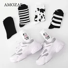1 пара хлопковых женских носков, носки с принтом животных из мультфильмов, милые полосатые однотонные дышащие Повседневные носки в японском стиле Harajuku Kawaii