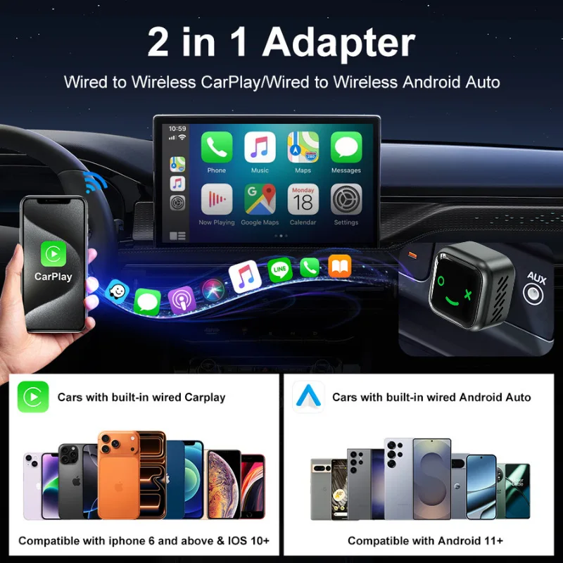 Фото 2026Новый проводной к беспроводному Carplay Box 2в1 Carplay & Android Auto MIni адаптер Plug & Plug для Mazda Audi Mazda Toyota VW MG kia №3
