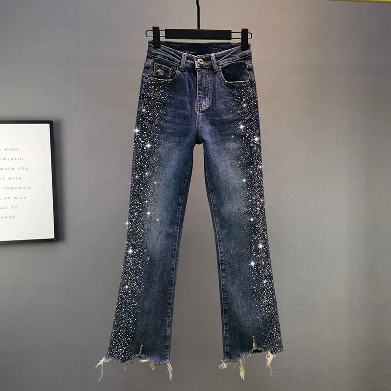 Shine Beading Women Jeans Autumn Winter 2022 High Waist Wide Leg Ankle Length Sexy Cotton Elastic Female Pencil Pants