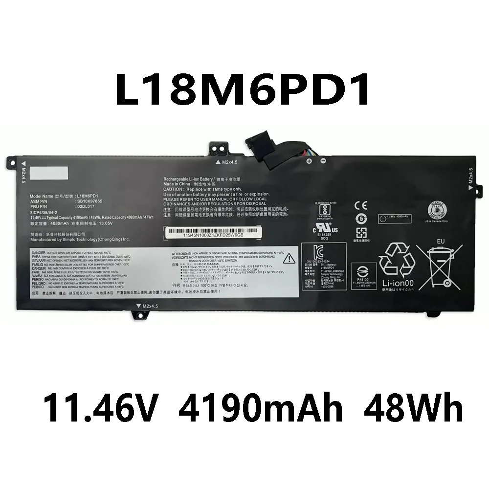 Аккумулятор для ноутбука Lenovo ThinkPad X13 X390 X395 02DL018 L18M6PD2 L18L6PD1 Series 11 46 в 4190 мАч 48 Вт/ч