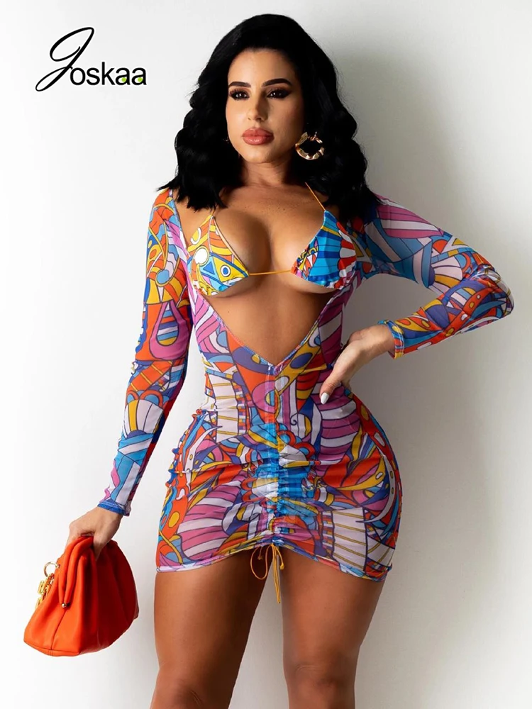 Женское Сетчатое платье с завязками Joskaa летнее облегающее длинными рукавами и