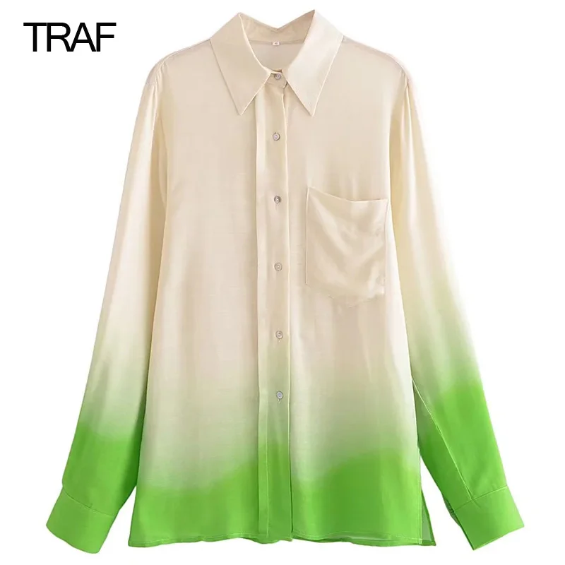 

TRAF Women's Green Gradient Tie Dye Shirt Casual Long Sleeve Blouses For Women Fashion 2022 Summer Chic Elegant Women's Blouses
