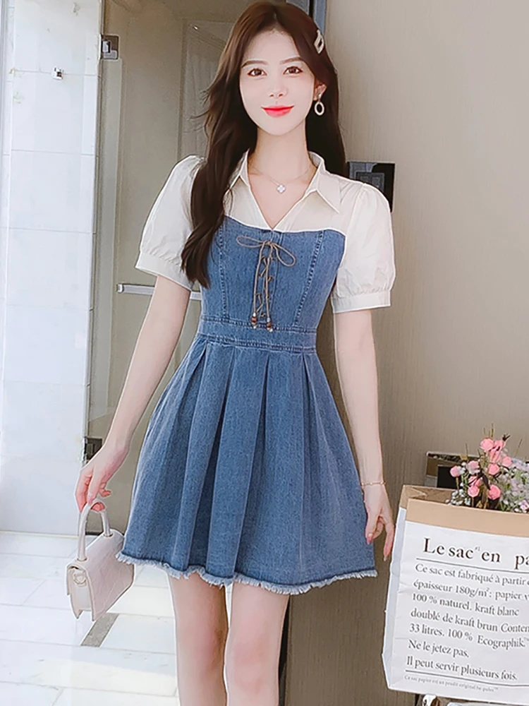 Летнее синее джинсовое лоскутное белое платье миди с воротником-поло женское