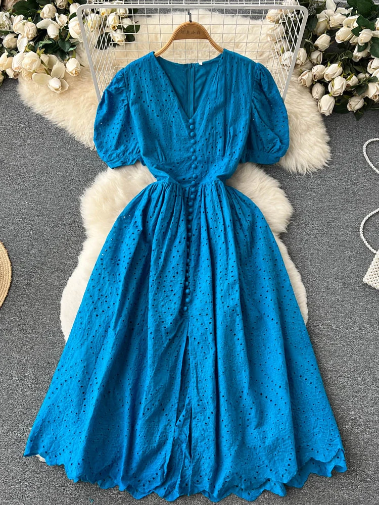 

Aibeautyer New Casual Summer Solid Slim Short Lady Dress A Line V Neck Chiffon Button Single Breasted Women High Waist Dresses