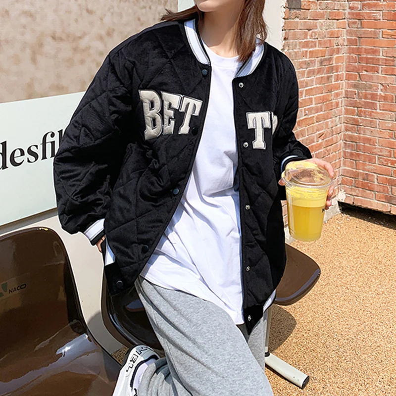 All-Match Women's Fleece Baseball Uniform Loose Fashion Letter Printing Thickened Cotton Padded Clothes Winter Outerwear 2022