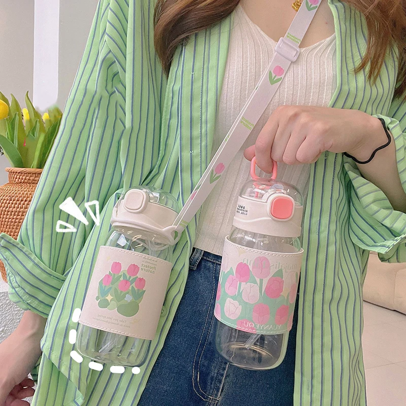 

Kawaii Tulip Glass Water Bottle With Cover Straw Strap For Girls Cute 450/480ml Coffee Juice Milk Cups Portable Drinking Bottle