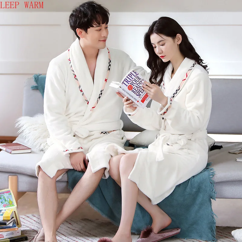 

Autumn and Winter Flannel Couple Nightgown Men's Bathrobes Women's Coral Fleece Warm Pajamas Dressing Gowns Mid-length