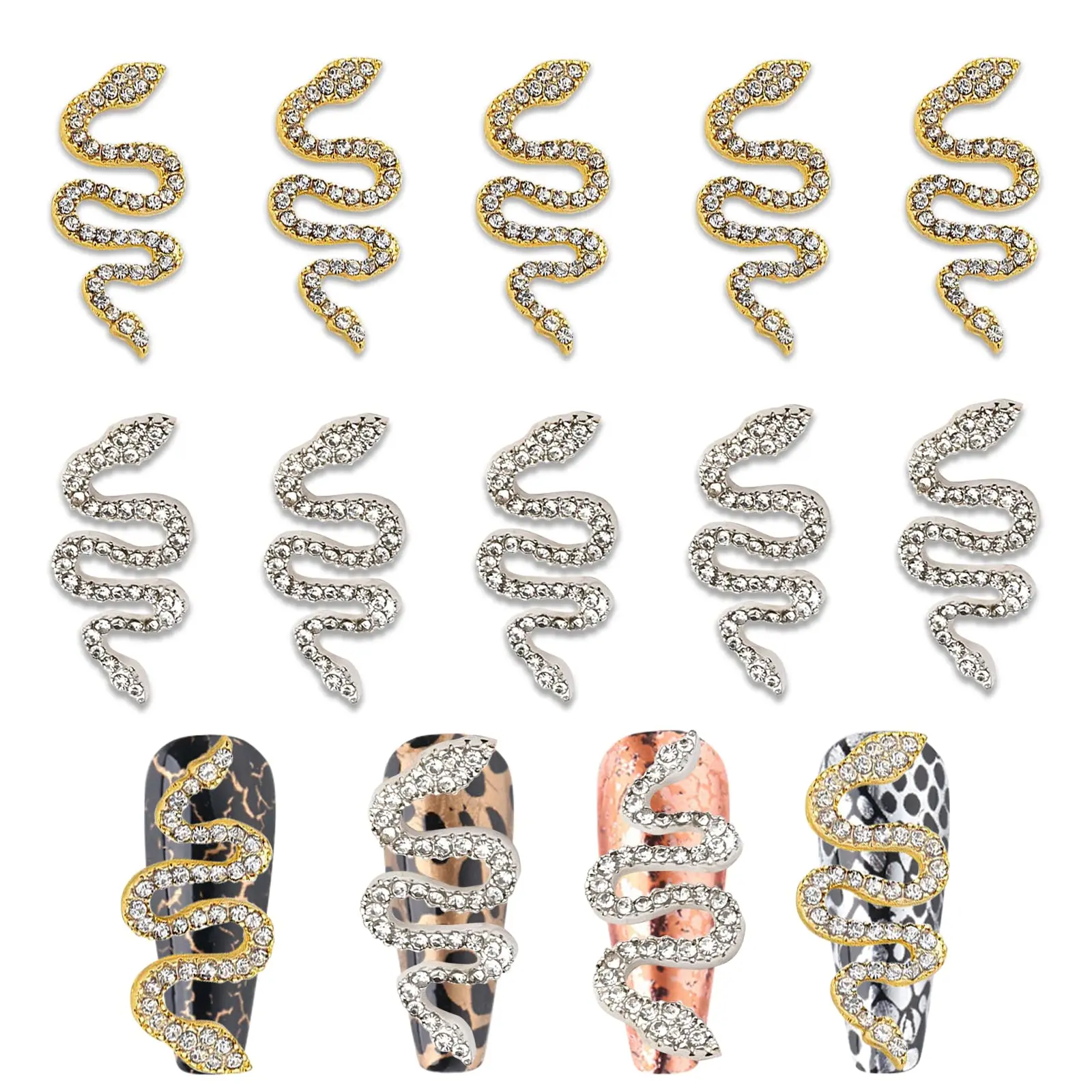 

10Pcs Snake Jewelry for 3D Snake Nail Art Charms Retro Alloy Snake Wave Crystal Rhinestones and Diamond Metal Jewelry