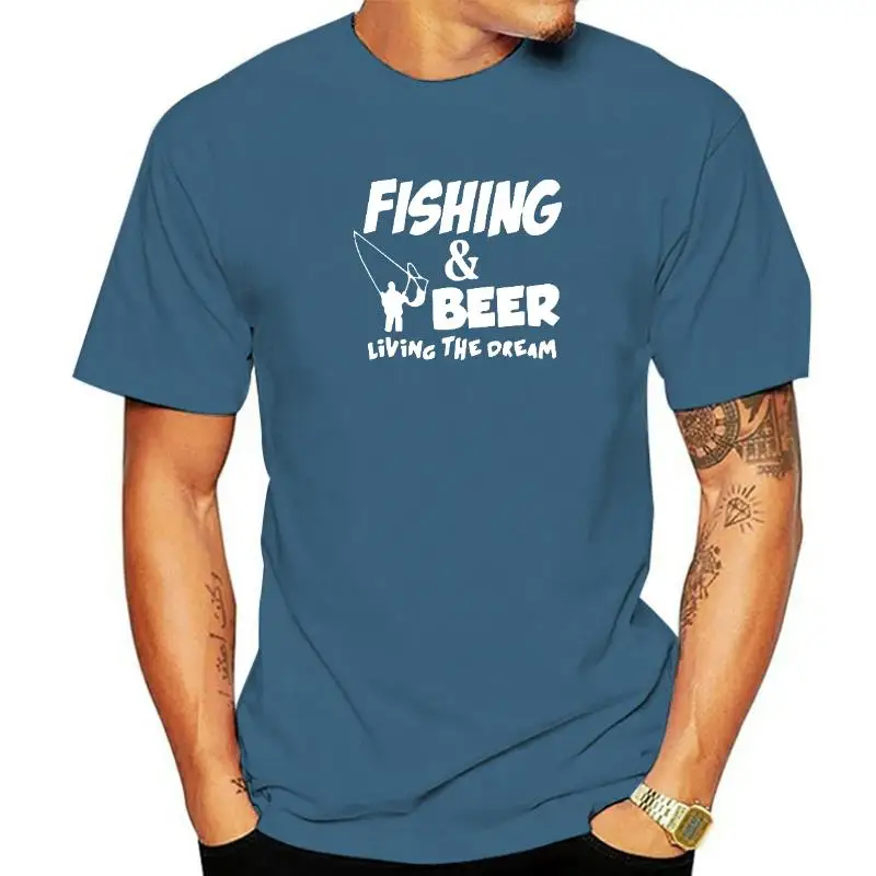 

THIS GUY NEEDS A BEER summer cotton t shirt men Fishing Beer Living The Dream Fisherman Printing Tshirt Funny Gift Tees Shirt