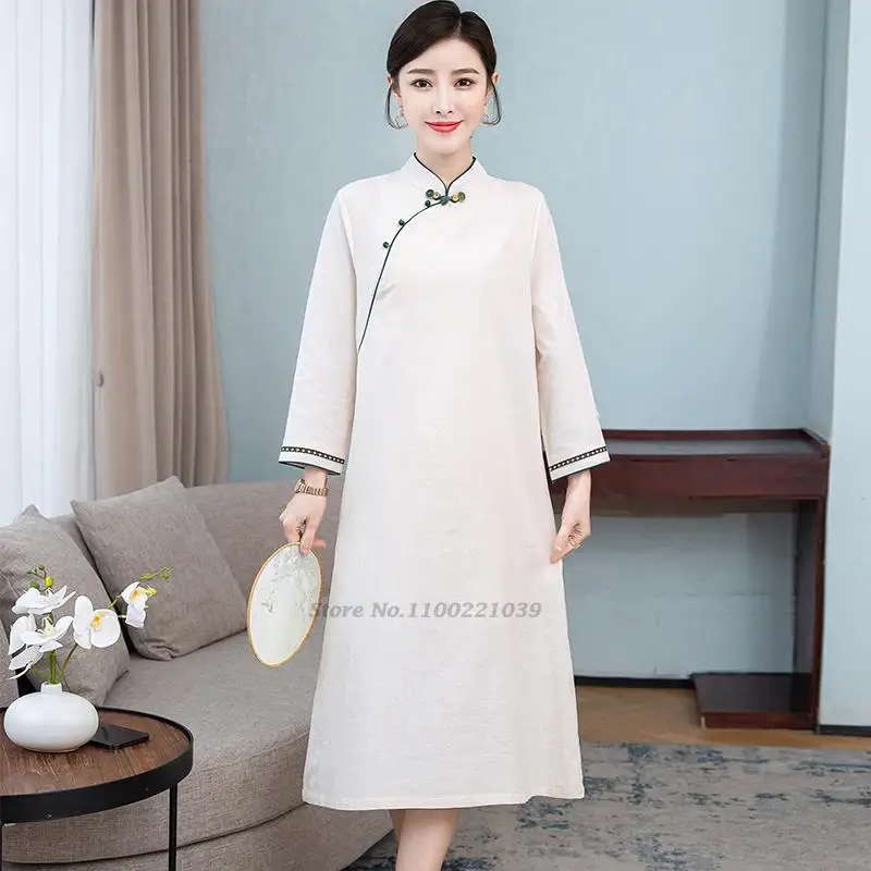 

2023 chinese traditional dress woman improved cheongsam retro cotton linen qipao elegant oriental folk dress retro zen suit