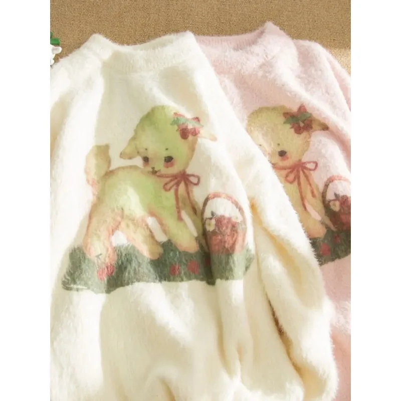 Милый женский свитер из овечьей норки Mori новинка 2024 японский мягкий свободный