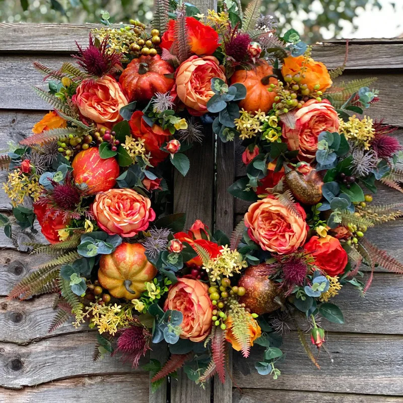 

Peony and Pumpkin Wreath Round, Farmhouse Fall Wreaths for Front Door, Durable Autumn Wreath with Maple Leaf Berry Pumpkin