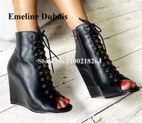 black wedge short boots emeline dubois autumn newest peep toe matte leather wedge heel ankle booties lace up sexy wedges