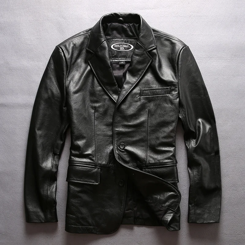 

Мужская байкерская куртка из натуральной кожи, черная брендовая куртка-бомбер, дизайнерская Классическая винтажная байкерская куртка, евр...