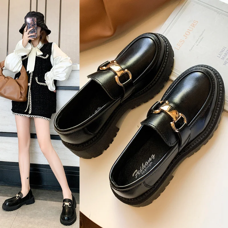 2022 Spring and Autumn New Women's Flat Shoes Ladies Leather Platform Shoes Casual Buckle Shoes Ladies Fashion All-match Shoes